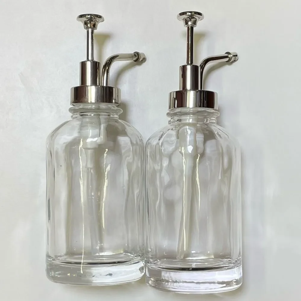 Two Elegant Clear Glass Oilcan Soap & Lotion Dispenser Set w/Chrome Accents